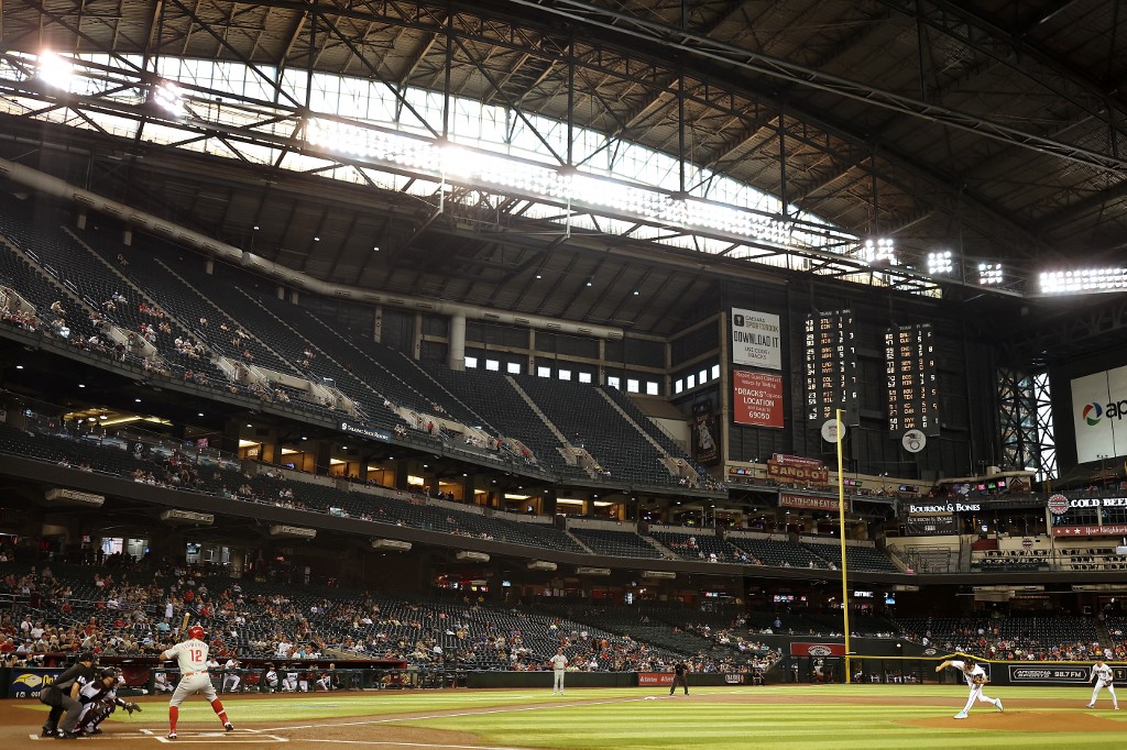 Starting pitcher Zac Gallen #23 of the Arizona Diamondbacks pitches against Kyle Schwarber #12 of the Philadelphia Phillies during the first inning of the MLB game at Chase Field on August 30, 2022 in Phoenix, Arizona.  