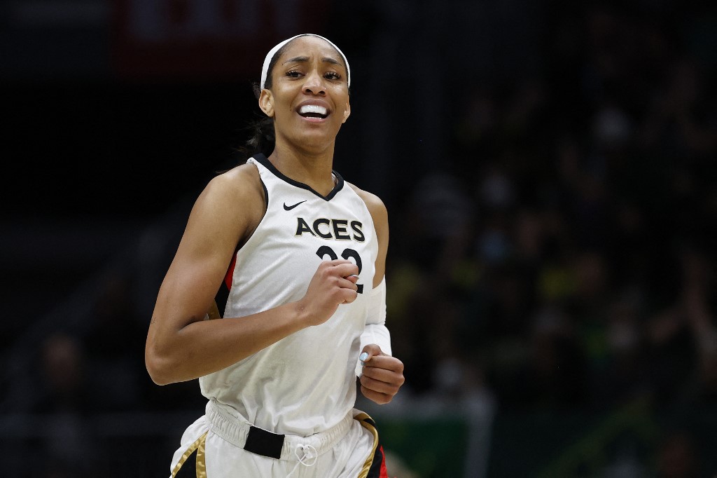  A'ja Wilson #22 of the Las Vegas Aces reacts against the Seattle Storm during the first quarter in Game Three of the 2022 WNBA Playoffs semifinals at Climate Pledge Arena on September 04, 2022 in Seattle, Washington. 