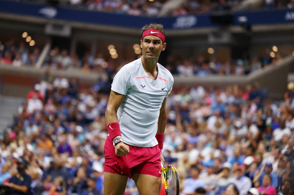  Rafael Nadal of Spain reacts to a point against Frances Tiafoe of the United States during their Mens Singles Fourth Round match on Day Eight of the 2022 US Open at USTA Billie Jean King National Tennis Center on September 05, 2022 in the Flushing neighborhood of the Queens borough of New York City. 