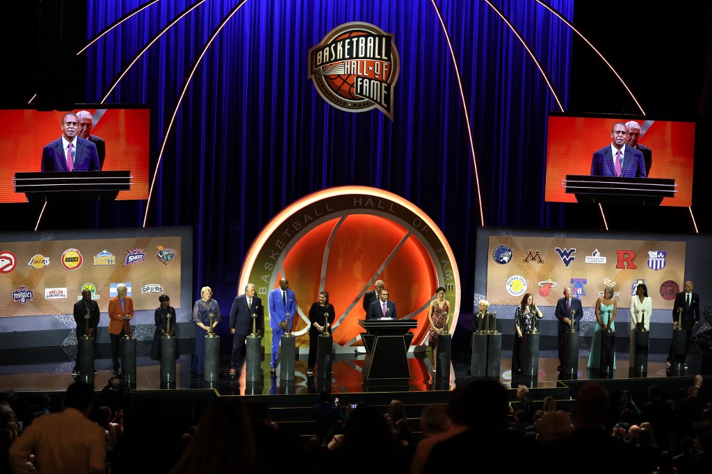 Naismith Memorial Basketball Hall of Fame Class of 2022 enshrinees stand onstage as Jerry Colangelo speaks during the 2022 Basketball Hall of Fame Enshrinement Ceremony at Symphony Hall on September 10, 2022 in Springfield, Massachusetts.   