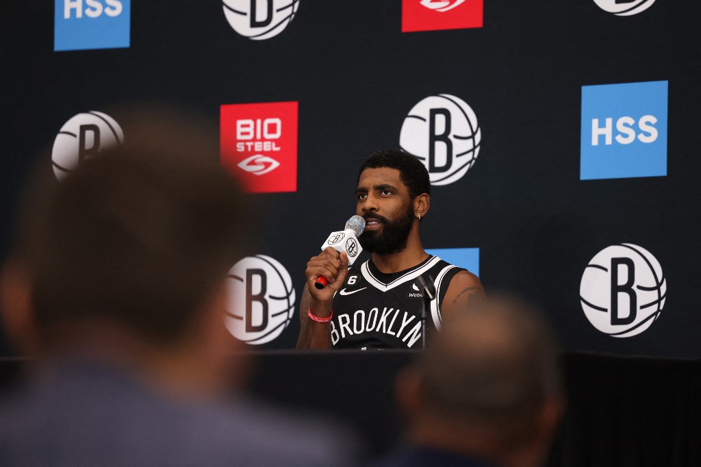 Kyrie Irving #11 of the Brooklyn Nets speaks during a press conference at Brooklyn Nets Media Day at HSS Training Center on September 26, 2022 in the Brooklyn borough of New York City.