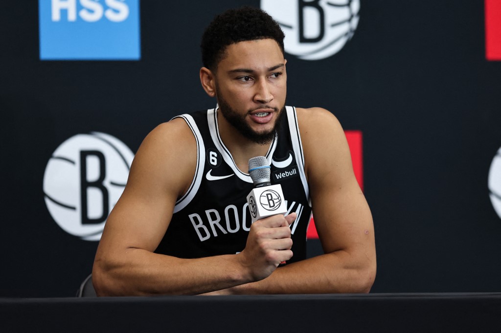 Ben Simmons #10 of the Brooklyn Nets speaks at the podium during a press conference at Brooklyn Nets Media Day at HSS Training Center on September 26, 2022 in the Brooklyn borough of New York City.