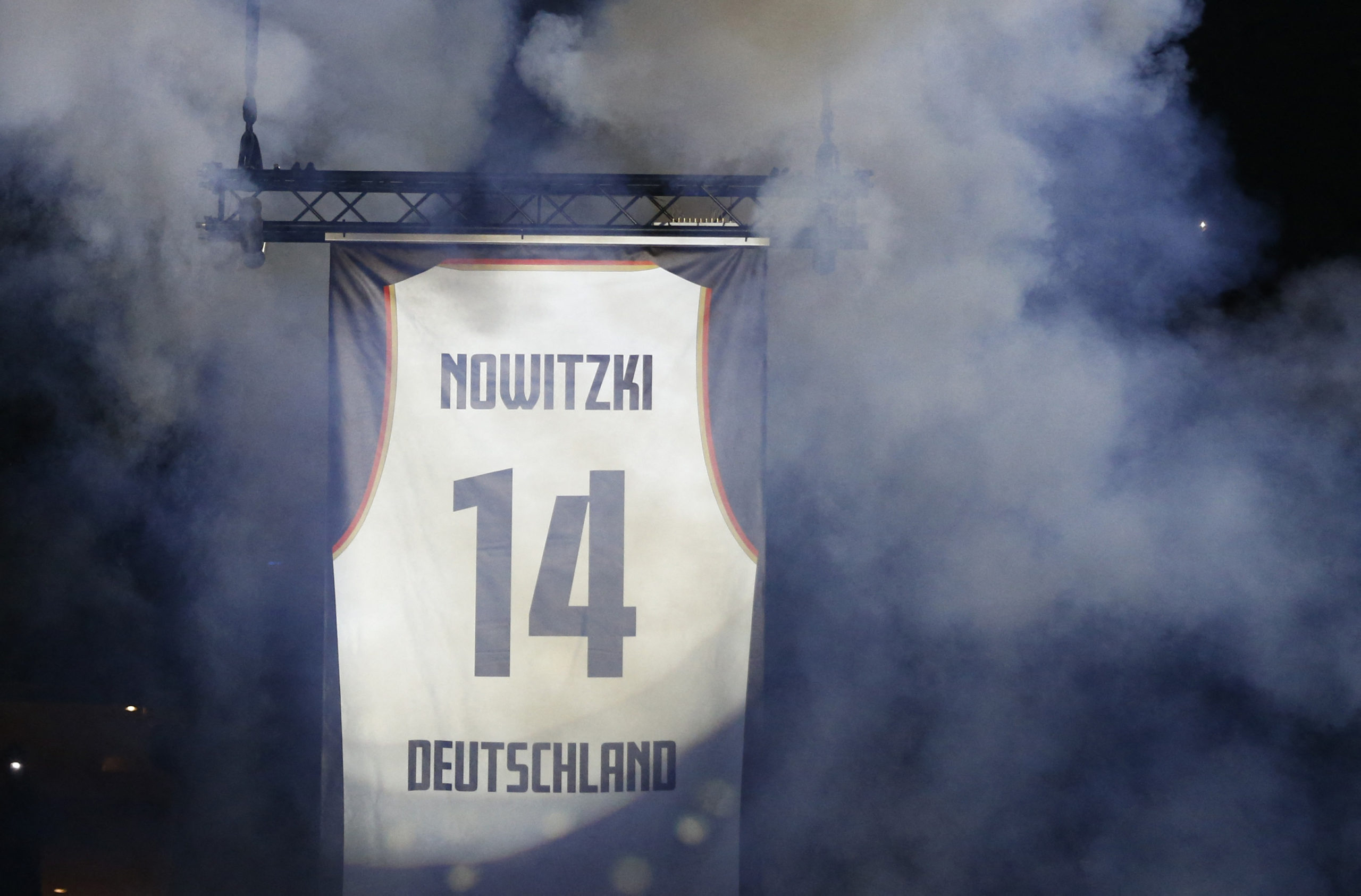 Basketball - EuroBasket Championship - Group B - France v Germany - Cologne Arena, Cologne, Germany - September 1, 2022  General view as a Dirk Nowitzki jersey is seen during his retirement of the jersey ceremony before the match