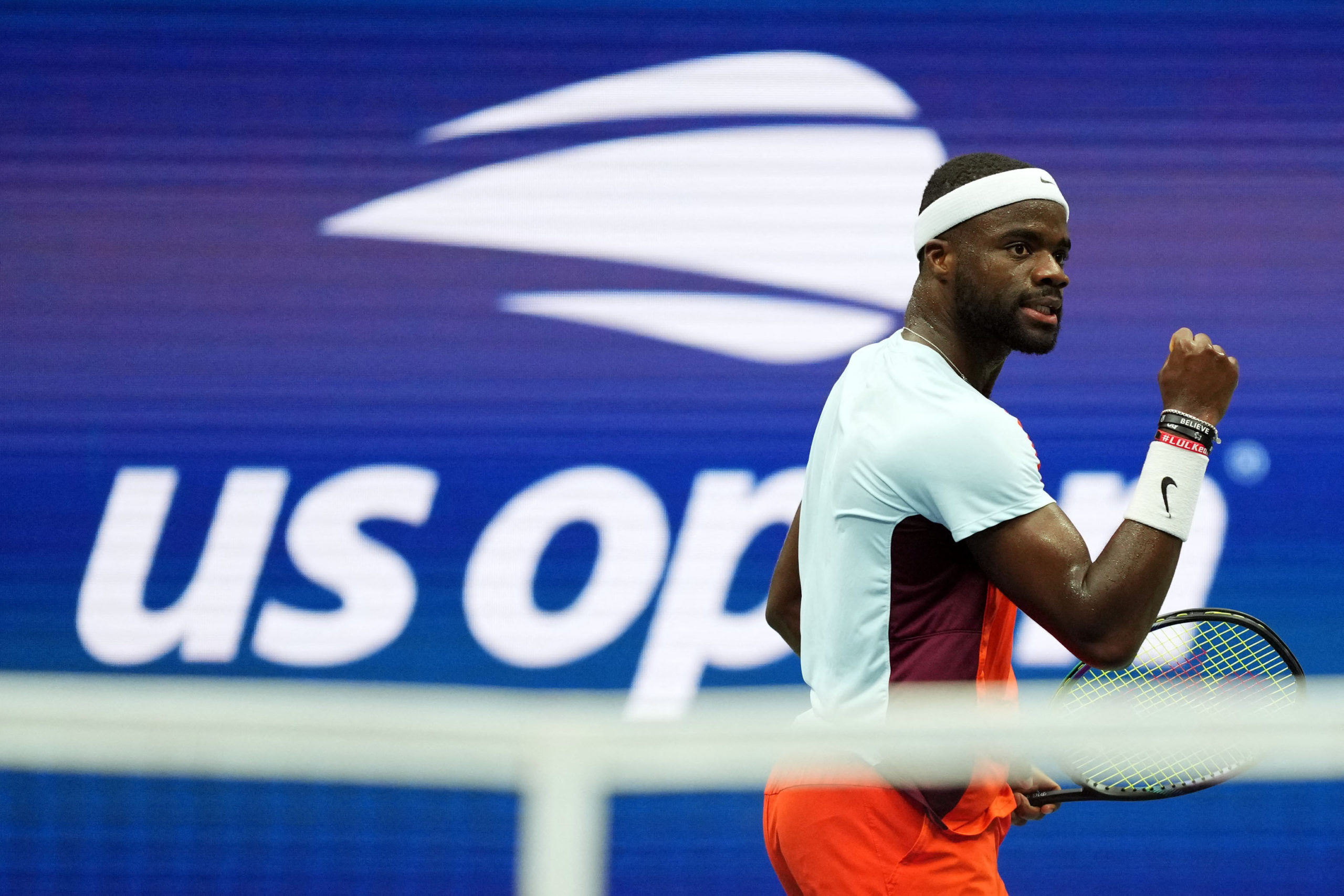 Frances Tiafoe of the United States reacts during a quarterfinal match against Andrey Rublev on day ten of the 2022 U.S. Open tennis tournament at USTA Billie Jean King Tennis Center. 