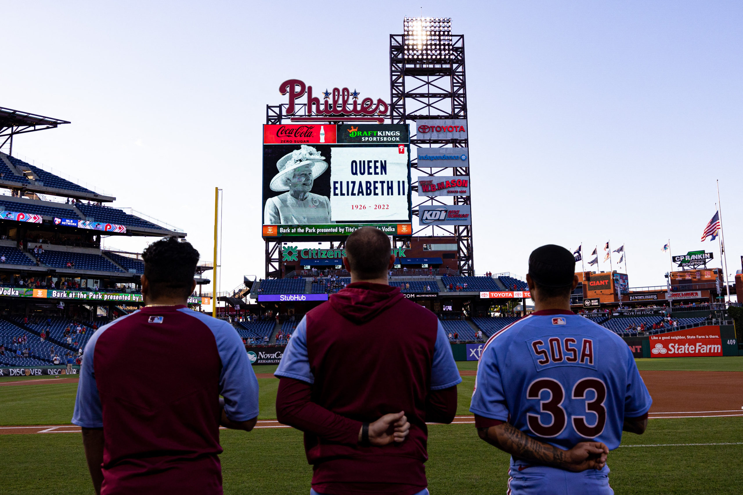 Sep 8, 2022; Philadelphia, Pennsylvania, USA; Players and fans stand for a moment of silence in honor of the late Queen Elizabeth II before a game between the Philadelphia Phillies and the Miami Marlins at Citizens Bank Park.
