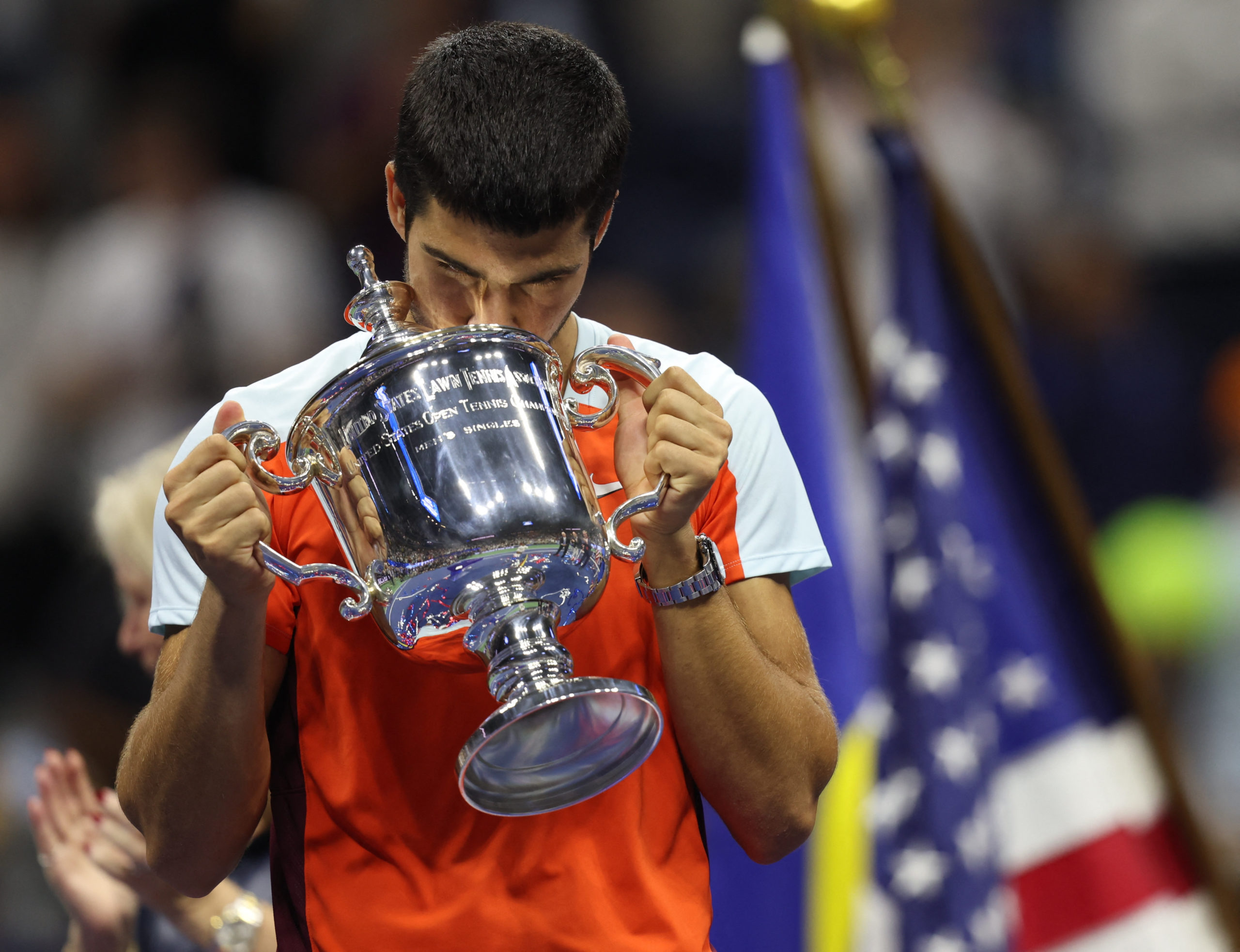 Tennis - U.S. Open - Flushing Meadows, New York, United States - September 11, 2022  Spain's Carlos Alcaraz celebrates with the trophy after winning the U.S. Open 