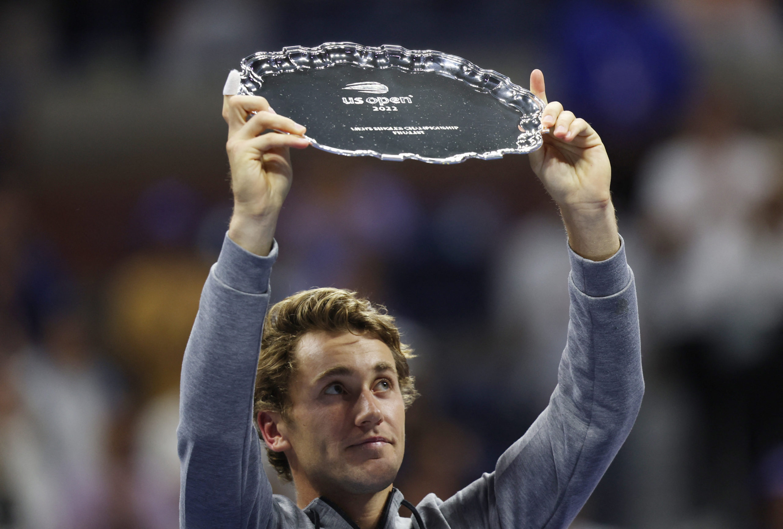 ows, New York, United States - September 11, 2022 Norway's Casper Ruud with his second placed trophy at the U.S. Open