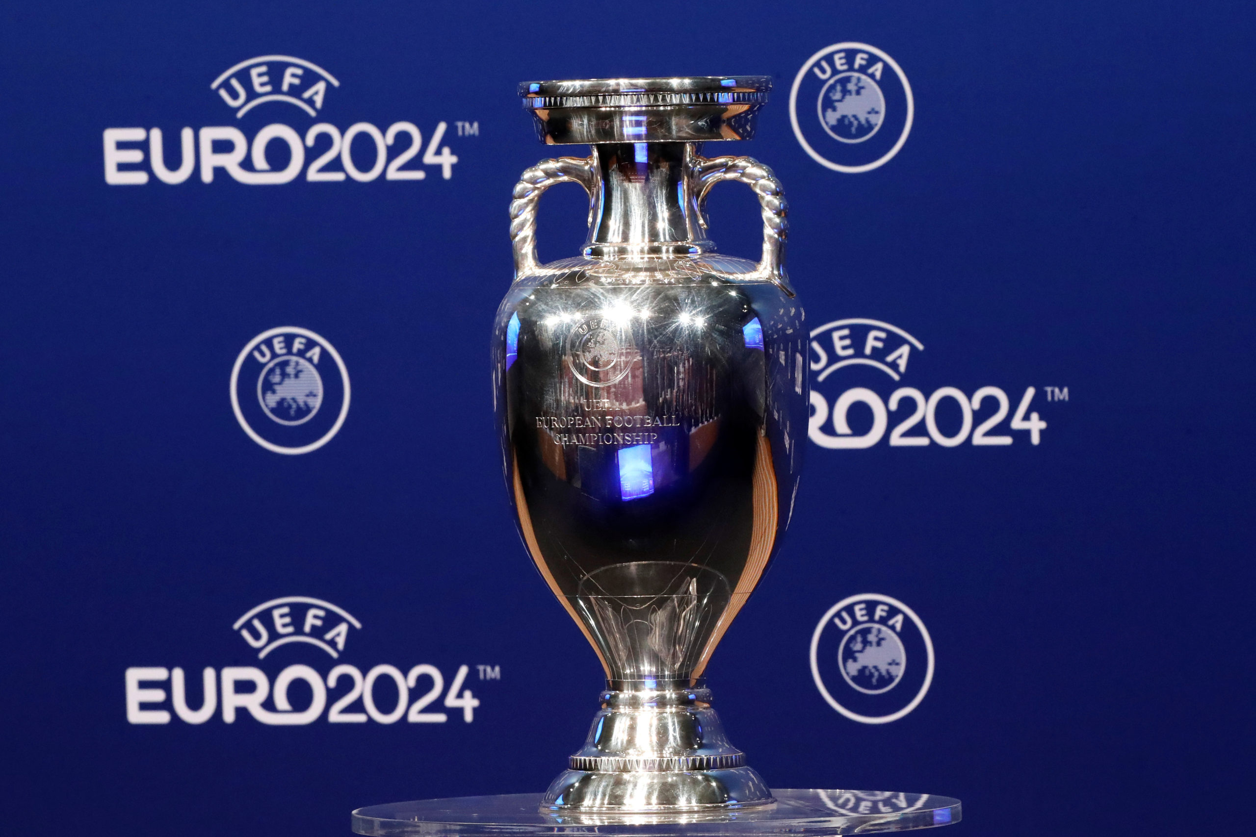 FILE PHOTO: Soccer Football - Euro 2024 Host Announcement - Nyon, Switzerland - September 27, 2018   The UEFA European Championship trophy on display ahead of the announcement   