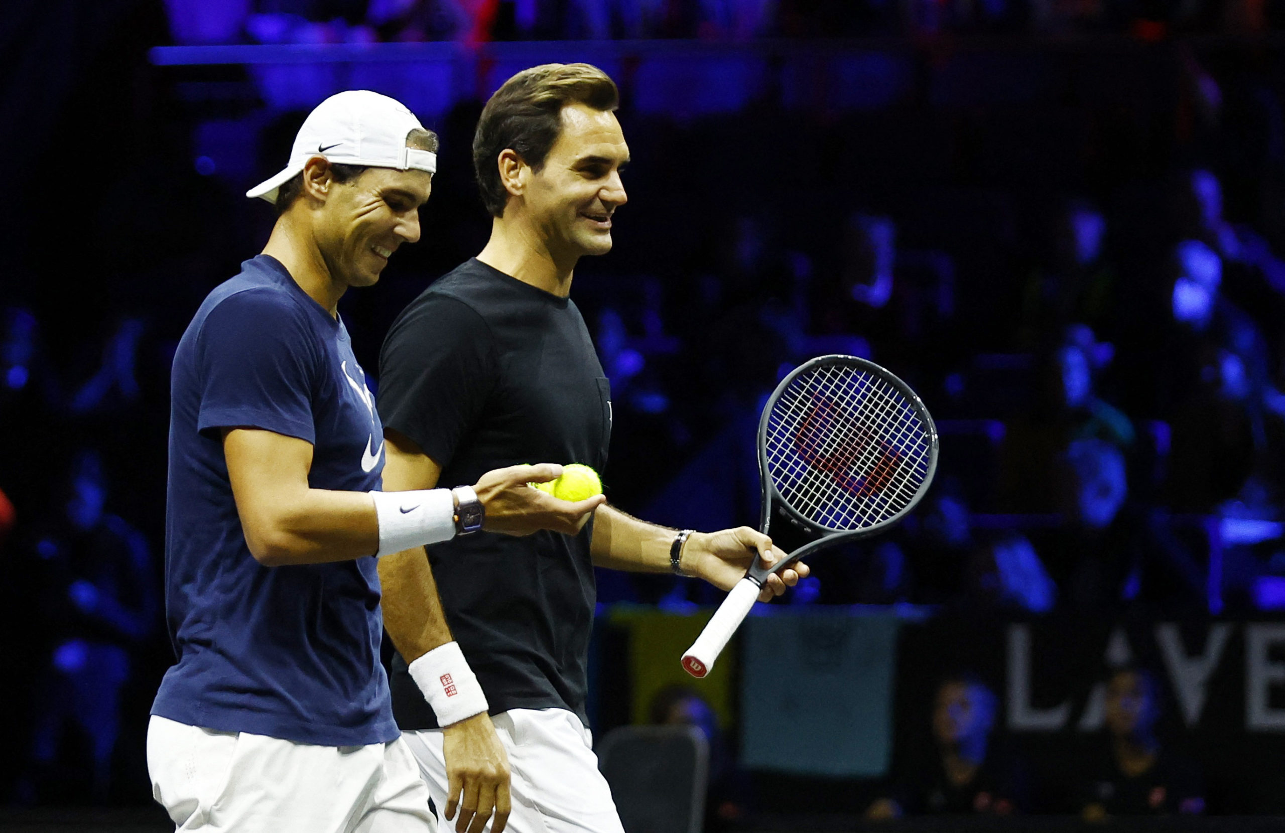 Tennis - Laver Cup - Media Day - 02 Arena, London, Britain - September 22, 2022 Team Europe's Roger Federer and Rafael Nadal during practice 