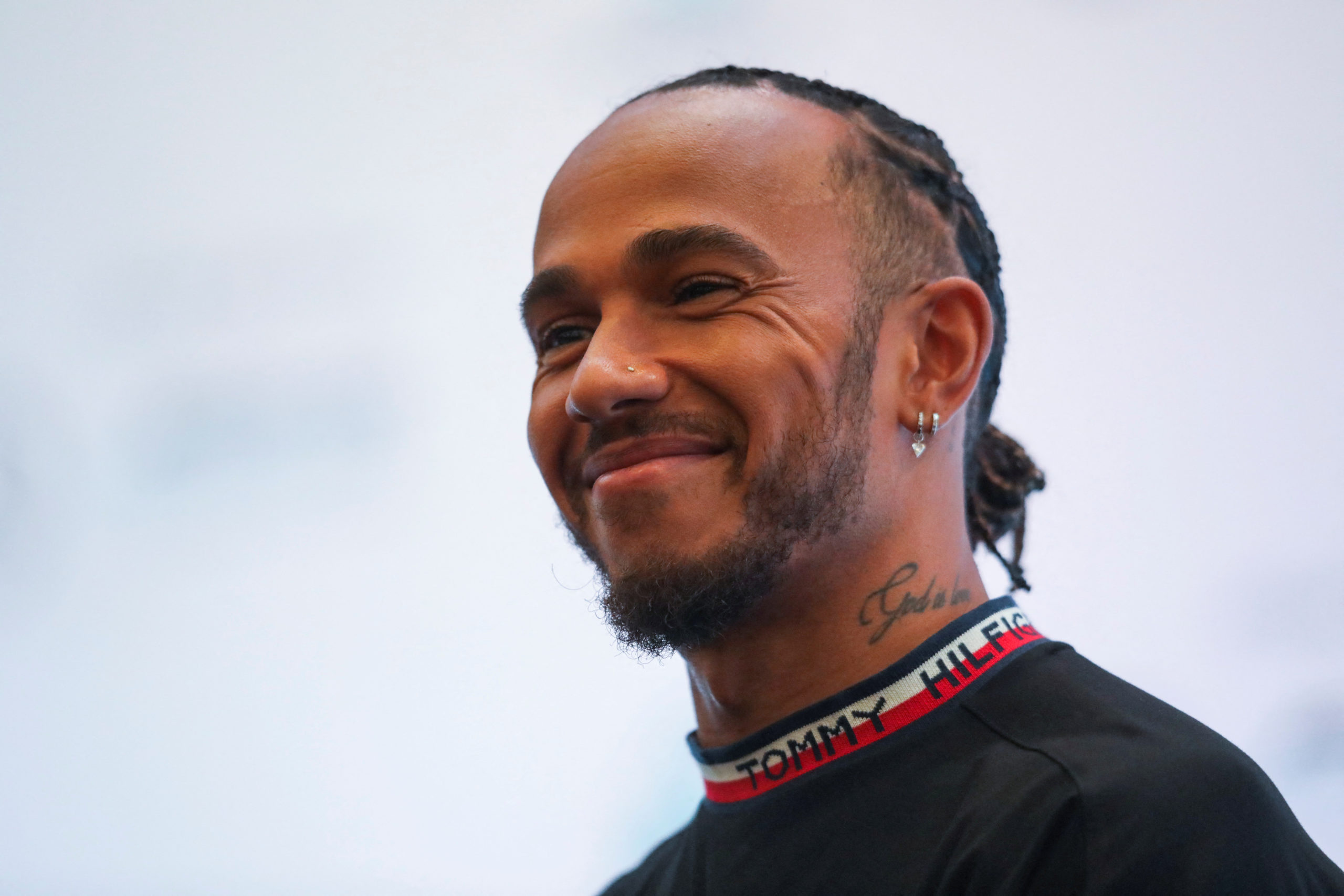 Mercedes-AMG Petronas Formula One Team driver Lewis Hamilton gestures during a news conference in Kuala Lumpur, Malaysia, ahead of the Singapore Grand Prix, September 28, 2022. 