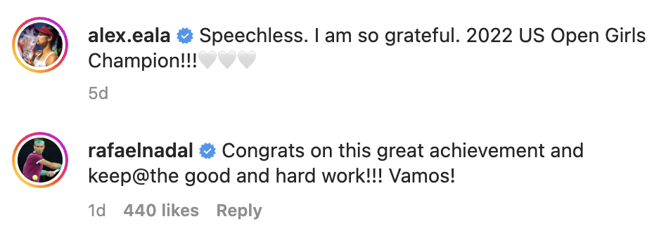 'VAMOS'  Rafael Nadal congratulates Filipino tennis star Alex Eala.