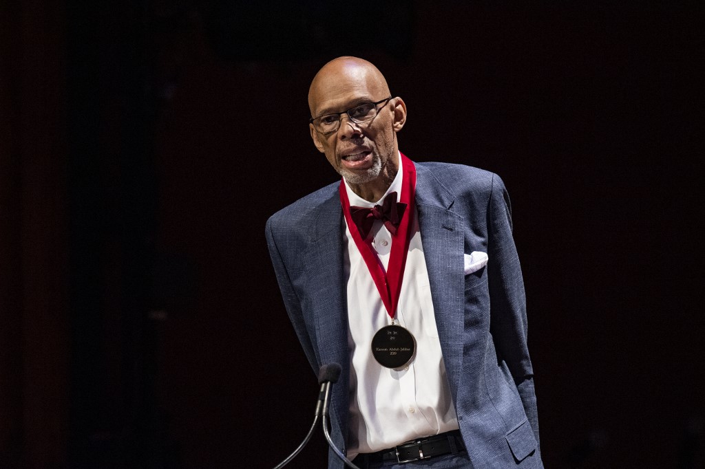 Retired pro-basketbal player Kareem Abdul-Jabbar delivers his acceptance speech after he received the W.E.B Du Bois Medal, Harvard’s highest honor in the field of African and African American studies at Harvard University’s Sanders theatre in Cambridge, Massachusetts on October 6, 2022. 