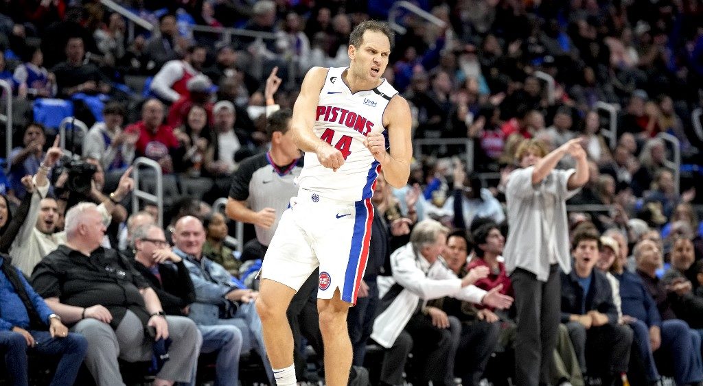 Bojan Bogdanovic #44 of the Detroit Pistons reacts against the Orlando Magic during the second quarter at Little Caesars Arena on October 19, 2022 in Detroit, Michigan.