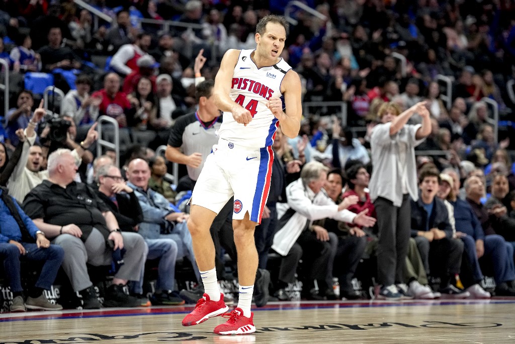 Bojan Bogdanovic #44 of the Detroit Pistons reacts to the Orlando Magic during the second half at Little Caesars Arena on October 19, 2022 in Detroit, Michigan.