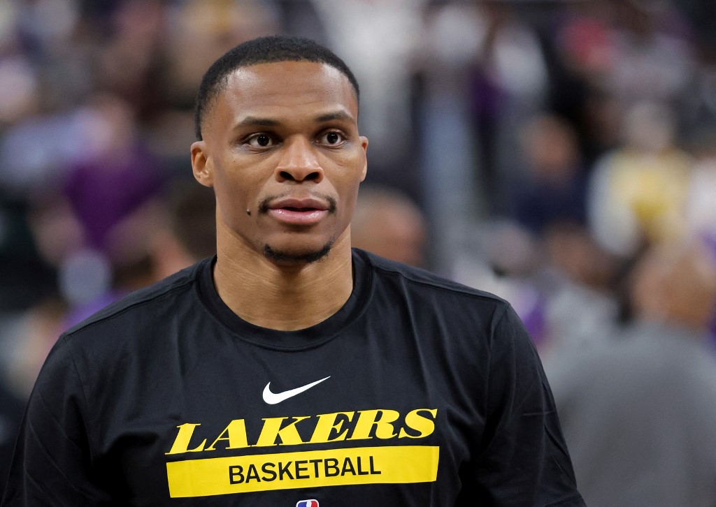  Russell Westbrook #0 of the Los Angeles Lakers warms up before a preseason game against the Phoenix Suns at T-Mobile Arena on October 05, 2022 in Las Vegas, Nevada. The Suns defeated the Lakers 119-115