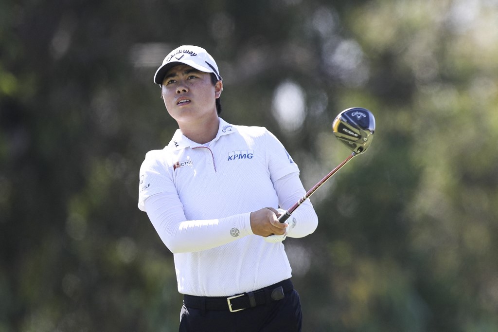 Yuka Saso of Japan watches her shot on the fifth tee during the final round of the LPGA MEDIHEAL Championship at The Saticoy Club on October 09, 2022 in Somis, California. 
