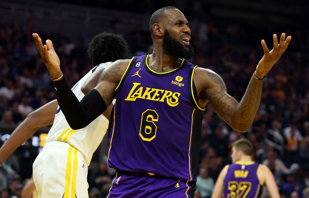 FILE–LeBron James #6 of the Los Angeles Lakers questions a call during the 1st half of the game against the Golden State Warriors at Chase Center on October 18, 2022 in San Francisco, California. 
