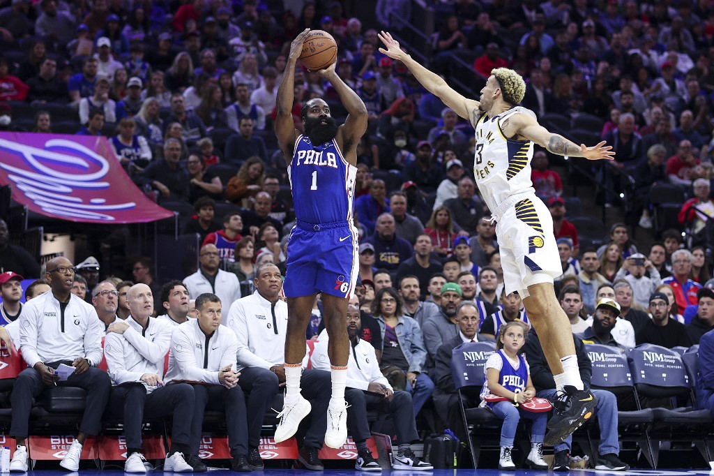 James Harden #1 of the Philadelphia 76ers shoots over Chris Duarte #3 of the Indiana Pacers during the first quarter at Wells Fargo Center on October 24, 2022 in Philadelphia, Pennsylvania.