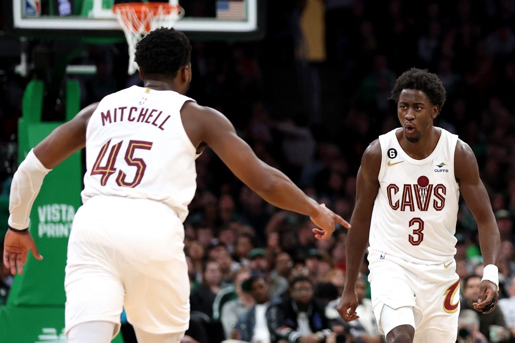 Donovan Mitchell #45 of the Cleveland Cavaliers celebrates with Caris LeVert #3 after scoring against the Boston Celtics qduring the second half at TD Garden on October 28, 2022 in Boston, Massachusetts