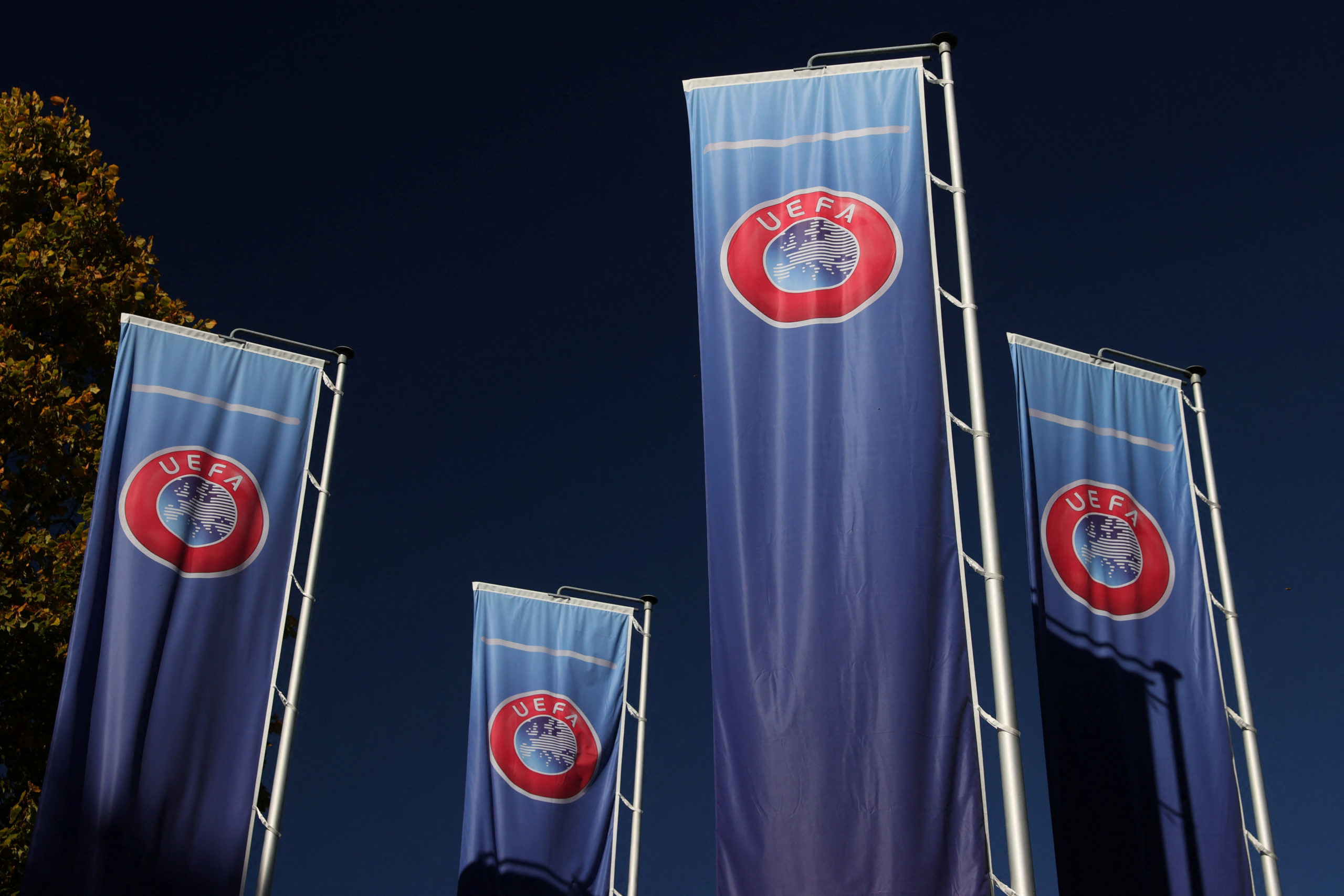 Flags with the UEFA logo are seen in Nyon