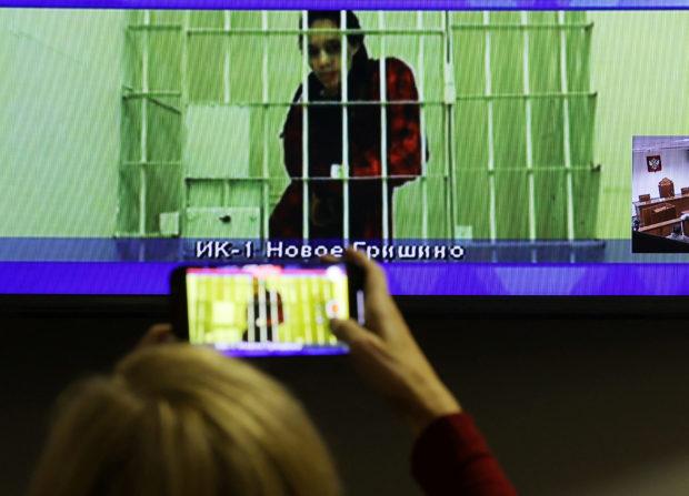 U.S. basketball player Brittney Griner appears on a screen via video link from the detention centre during a court hearing to consider an appeal against her prison sentence, in Krasnogorsk, Moscow Region, Russia October 25, 2022. 