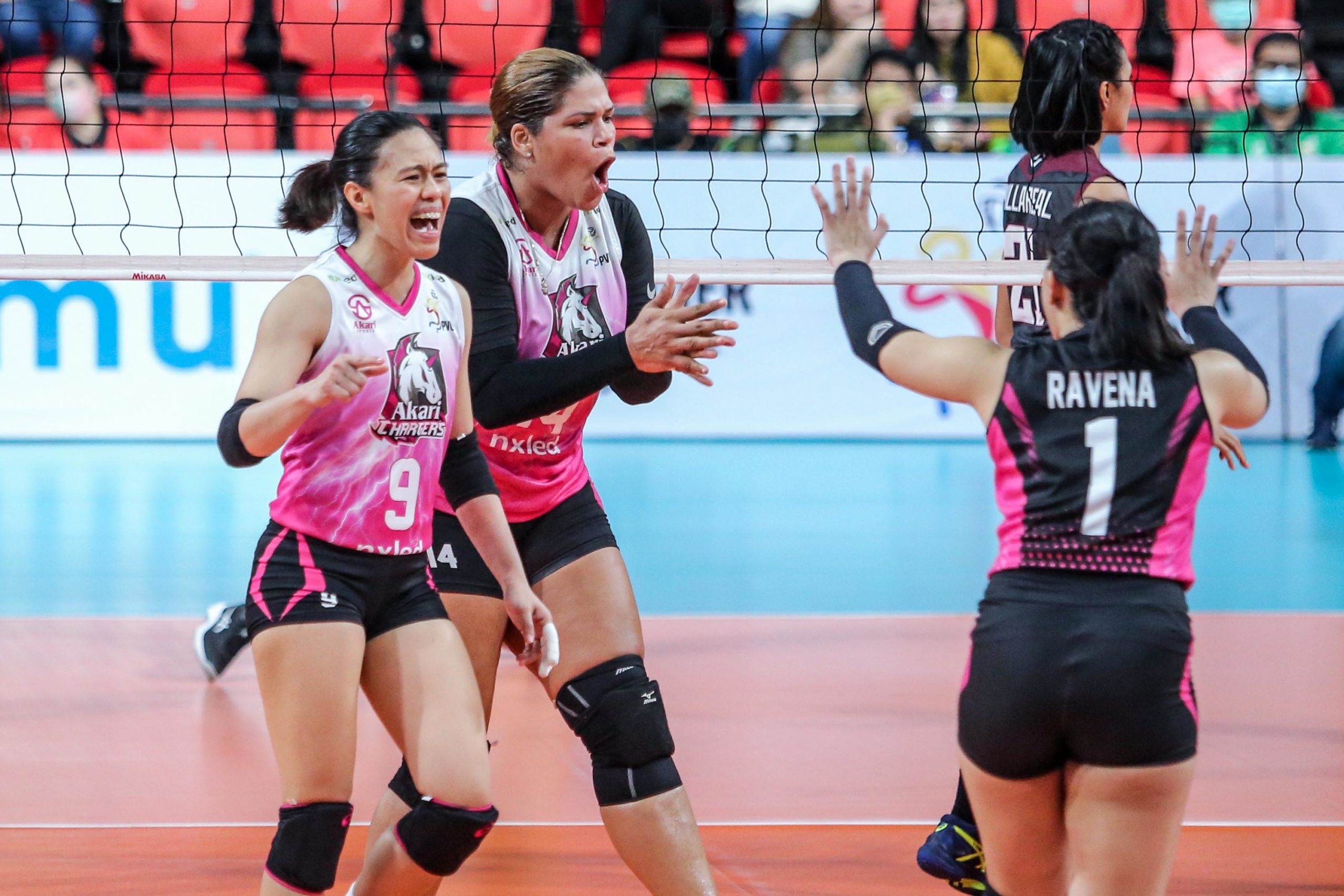 Prisilla Rivera (middle) and the Power Chargers celebrate their victory. PVL IMAGES.