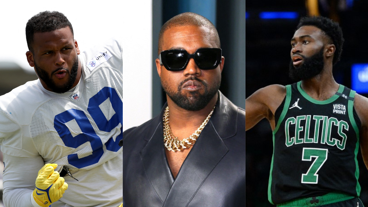 Rams' Aaron Donald, Kanye West, and Celtics' Jaylen Brown. –FILE PHOTOS