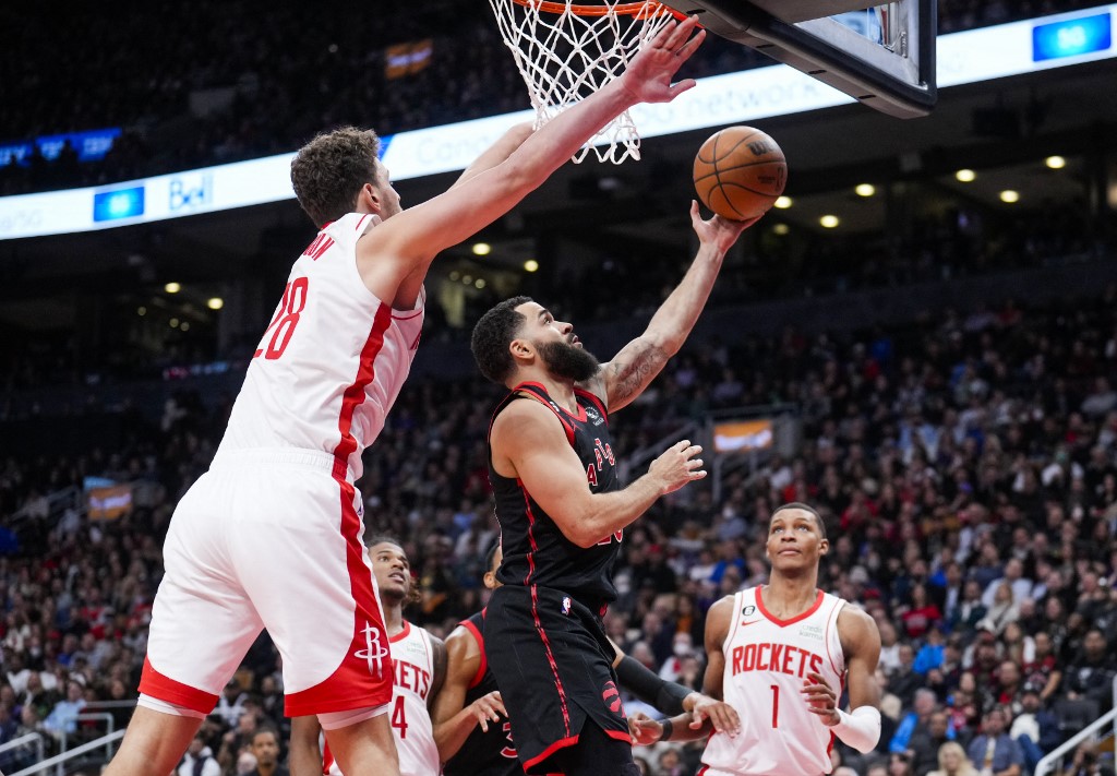 Fred VanVleet #23 of the Toronto Raptors goes to the basket against Alperen Sengun #28 of the Houston Rockets during the second half at the Scotiabank Arena on November 9, 2022 in T