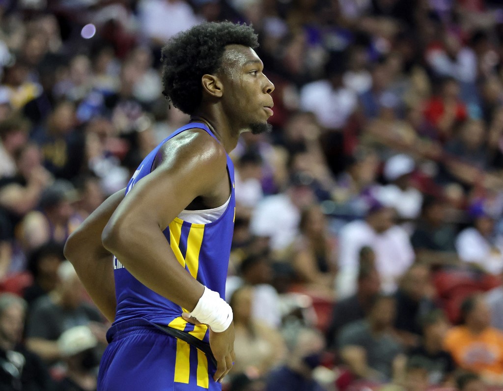 James Wiseman #33 of the Golden State Warriors stands on the court during a break in a game against the San Antonio Spurs during the 2022 NBA Summer League at the Thomas & Mack Center on July 10, 2022 in Las Vegas, Nevada
