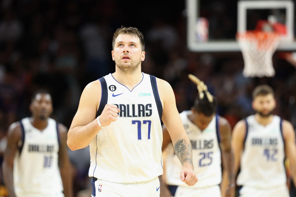 Luka Doncic #77 of the Dallas Mavericks reacts during the second half of the NBA game at Footprint Center on October 19, 2022 in Phoenix, Arizona.