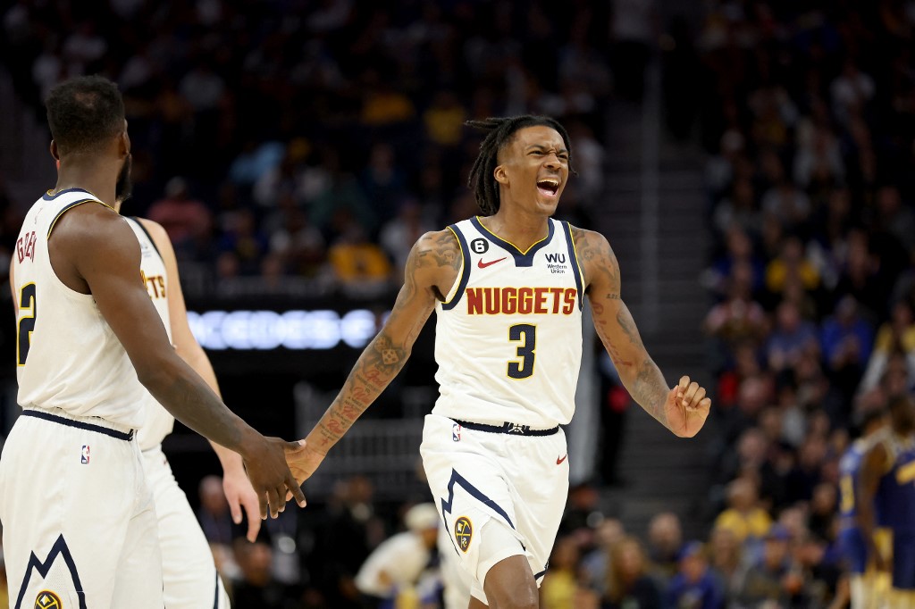  Bones Hyland #3 of the Denver Nuggets reacts after the Nuggets made a basket against the Golden State Warriors at Chase Center on October 21, 2022 in San Francisco, California. 