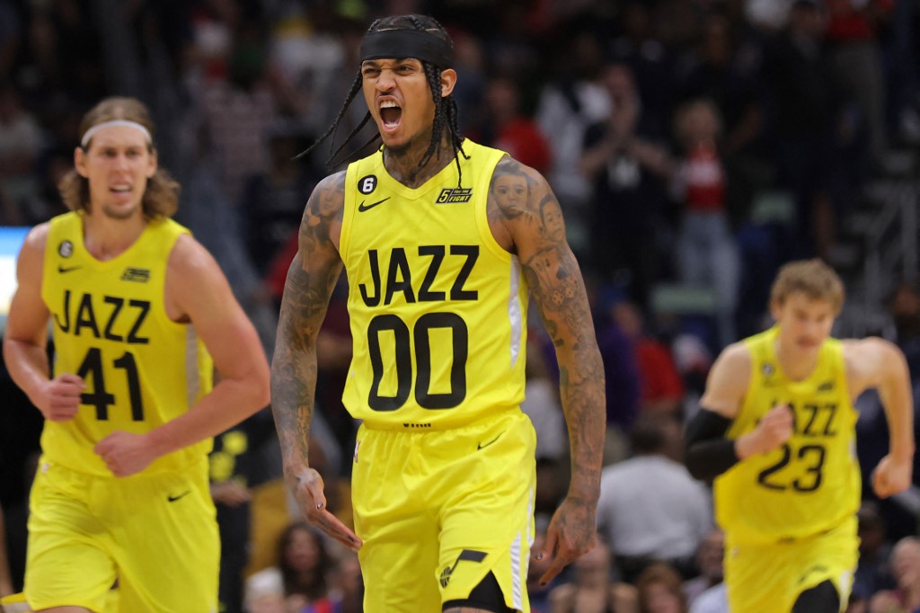 FILE–Jordan Clarkson #00 of the Utah Jazz reacts after scoring during overtime at the Smoothie King Center on October 23, 2022 in New Orleans, Louisiana. 