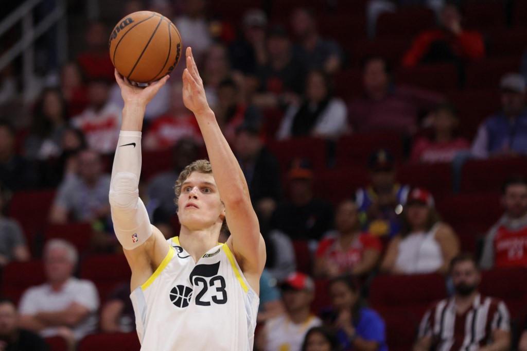 Lauri Markkanen #23 of the Utah Jazz takes a shot during the first half against the Houston Rockets at Toyota Center on October 24, 2022 in Houston, Texas.