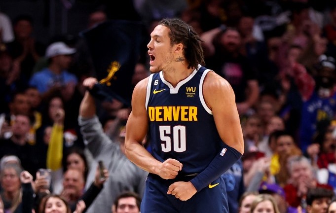 Aaron Gordon #50 of the Denver Nuggets reacts during a game against the Los Angeles Lakers at the Ball Arena on October 26, 2022 in Denver, Colorado.