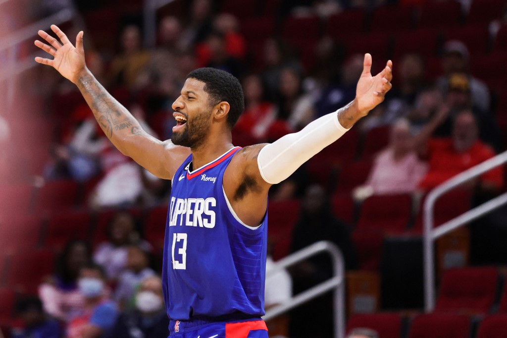 Paul George #13 of the LA Clippers reacts during the first half against the Houston Rockets at Toyota Center on November 02, 2022 in Houston, Texas. 