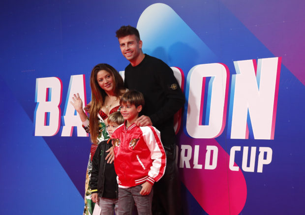 Barcelona's Gerard Pique with Shakira and their children arrive at the Balloon World Cup 