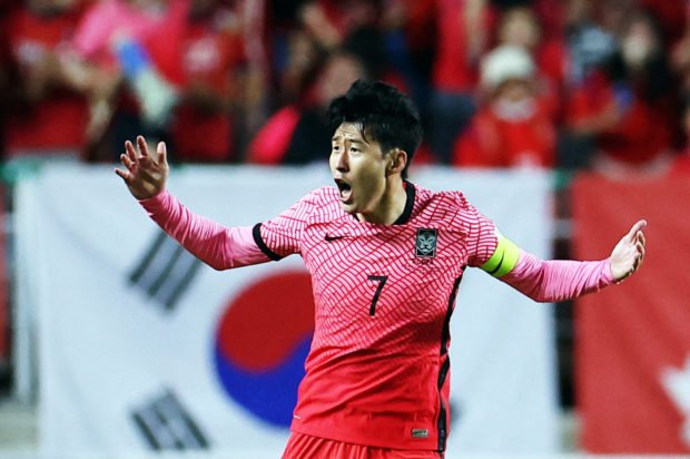 CAPTION: Soccer Soccer - International Friendly - South Korea - Paraguay - World Cup Suwon, Suwon, South Korea - June 10, 2022 South Korea's Son Heung-Min celebrates scoring his first goal 