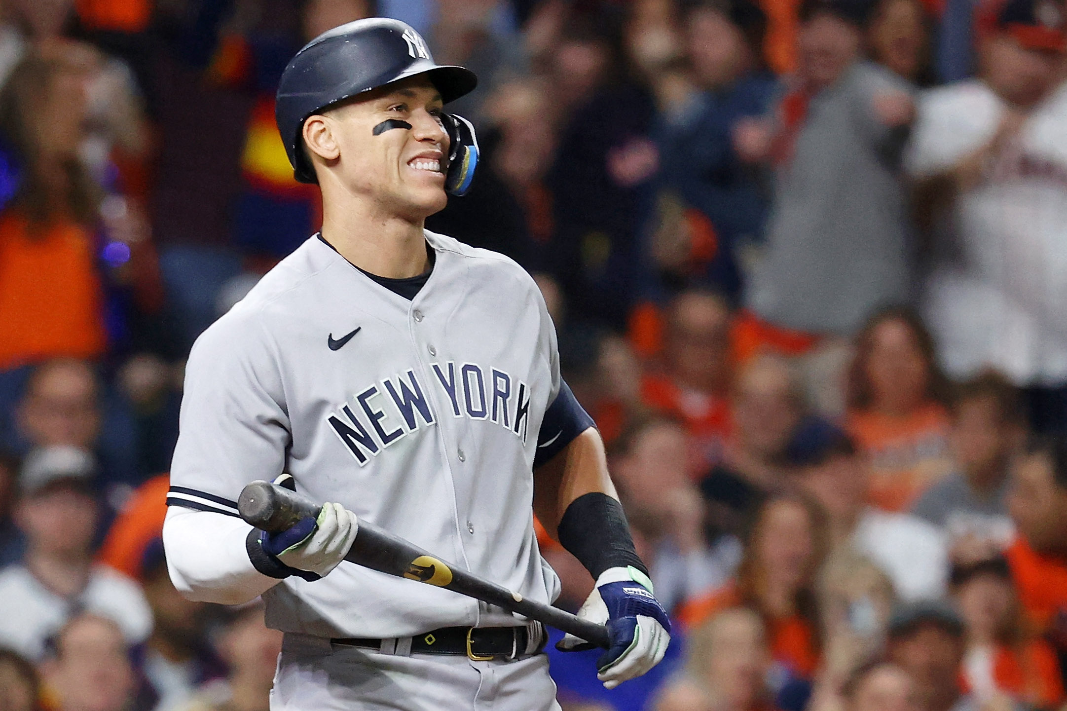FILE PHOTO: Oct 19, 2022; Houston, Texas, USA; New York Yankees right fielder Aaron Judge (99) reacts after striking out against the Houston Astros during the eighth inning in game one of the ALCS for the 2022 MLB Playoffs at Minute Maid Park.