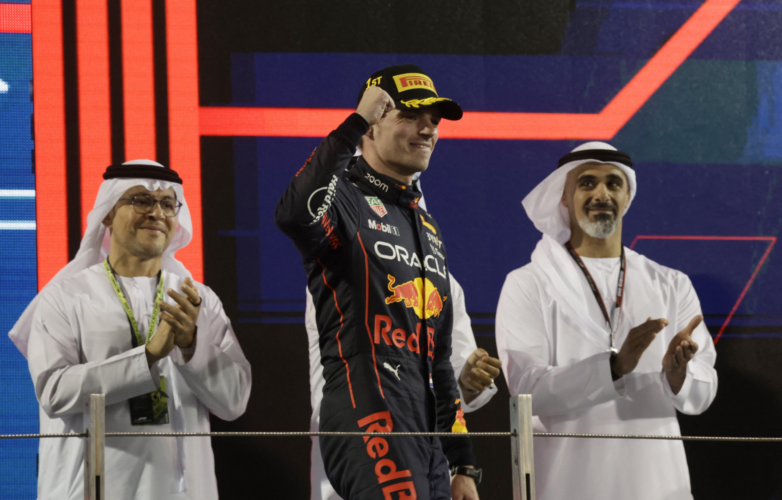 Formula One F1 - Abu Dhabi Grand Prix - Yas Marina Circuit, Abu Dhabi, United Arab Emirates - November 20, 2022 Red Bull's Max Verstappen celebrates on the podium after winning the Abu Dhabi Grand Prix 