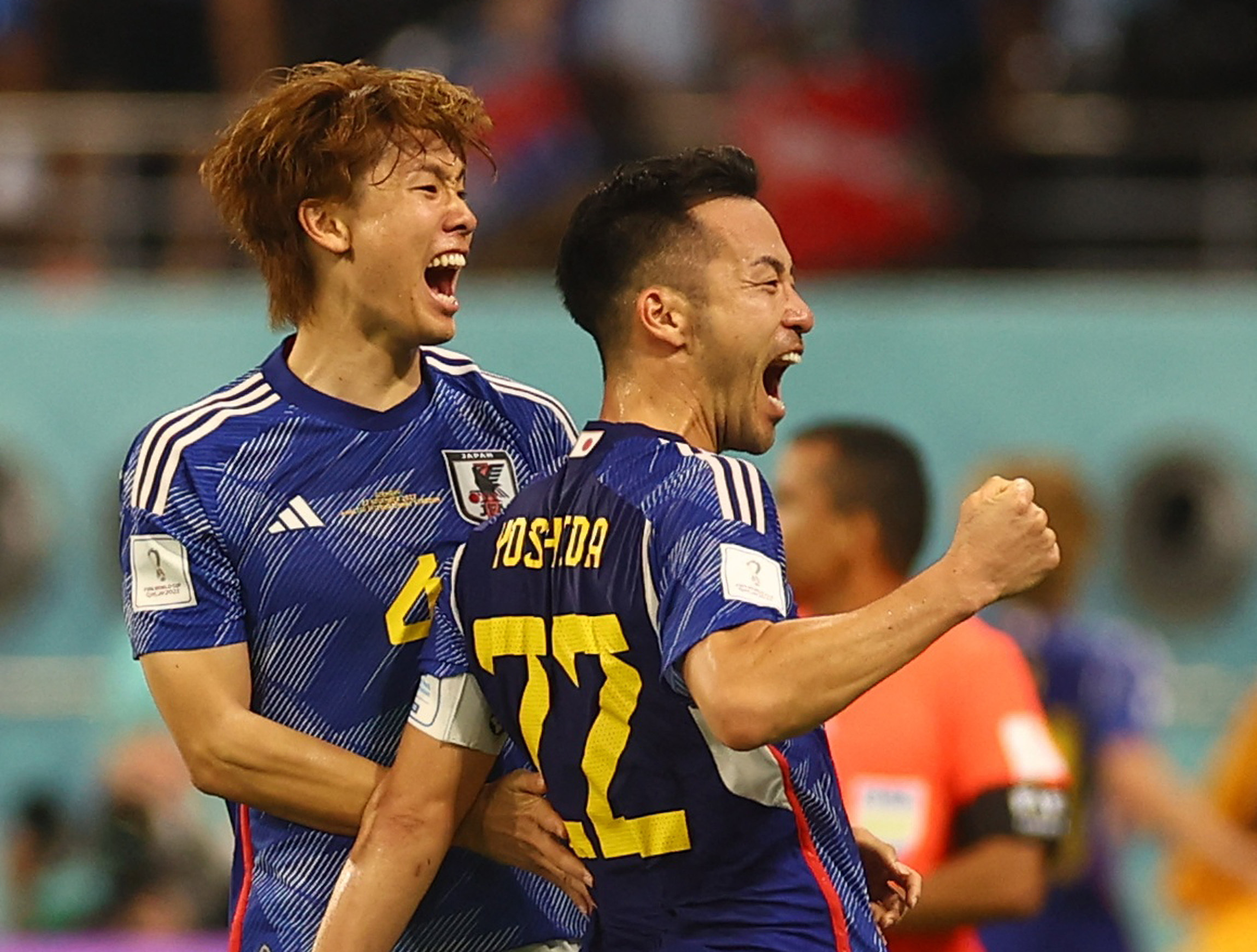 Soccer Football - Qatar 2022 FIFA World Cup - Group E - Germany v Japan - Khalifa International Stadium, Doha, Qatar - November 23, 2022 Maya Yoshida and Kou Itakura of Japan react