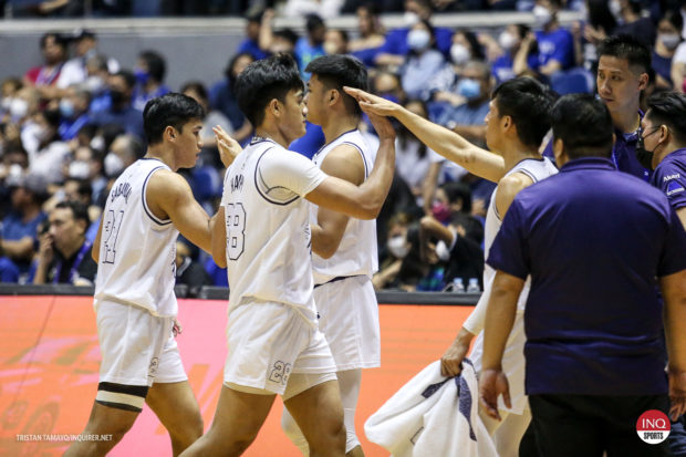 Adamson Falcons head to the bench during a time out. 