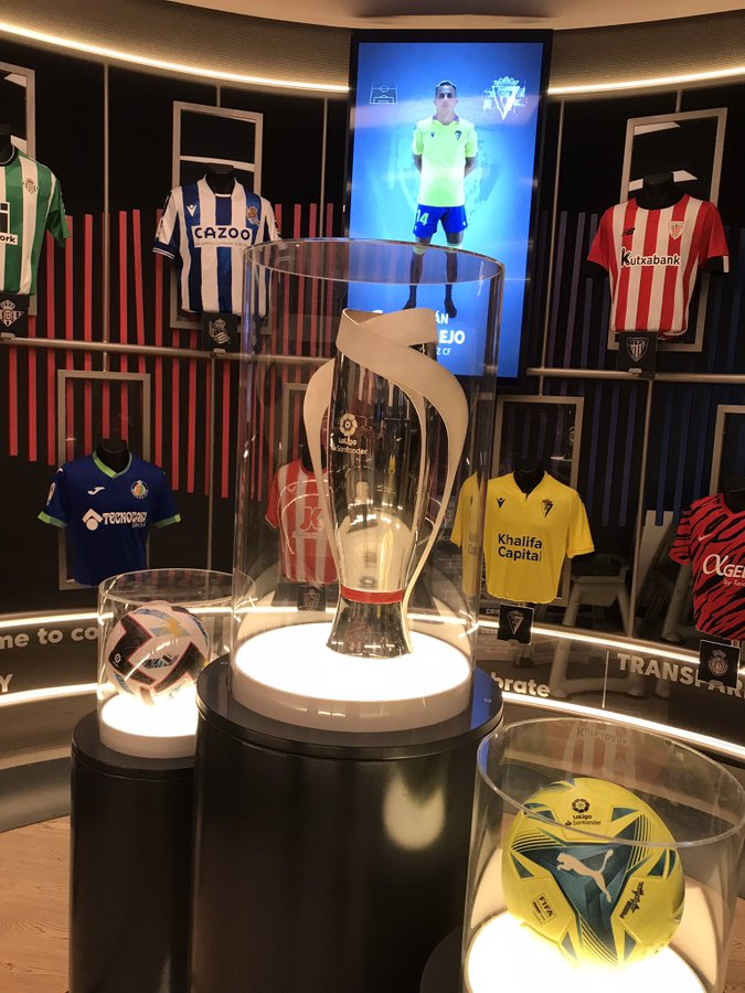 The La Liga trophy on display upon entering La Liga 29, a restaurant owned and operated by the Spanish league here in Madrid