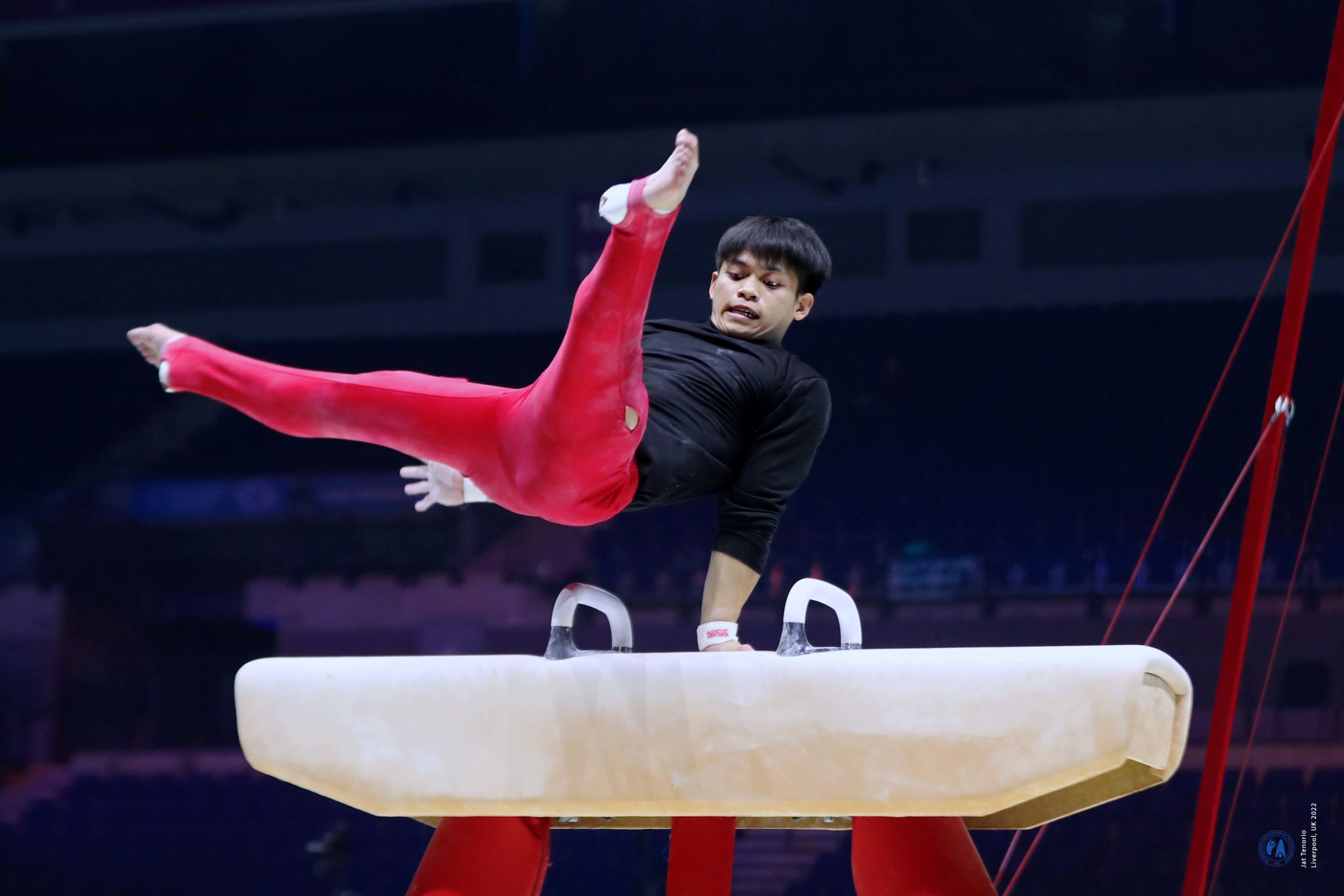 Filipino ace Carlos Yulo works on his pommel horse routine on the eve of opening night. —CONTRIBUTED PHOTO