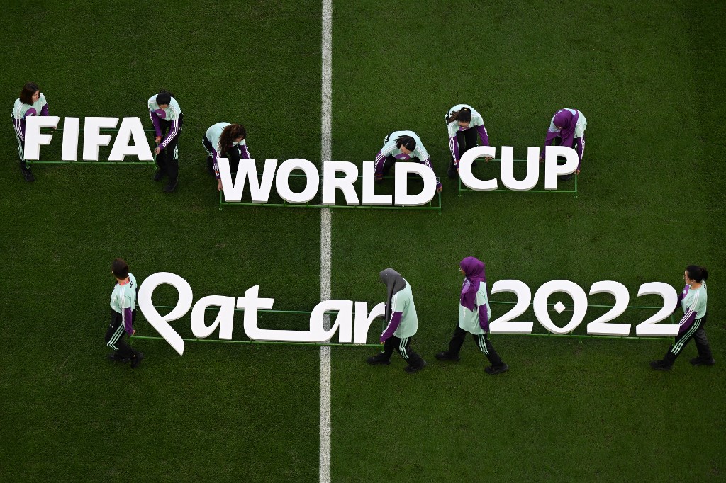 Fifa lettering is displayed at the presentation ahead of the Qatar 2022 World Cup Group H football match between South Korea and Ghana at the Education City Stadium in Al-Rayyan, west of Doha, on November 28, 2022. 