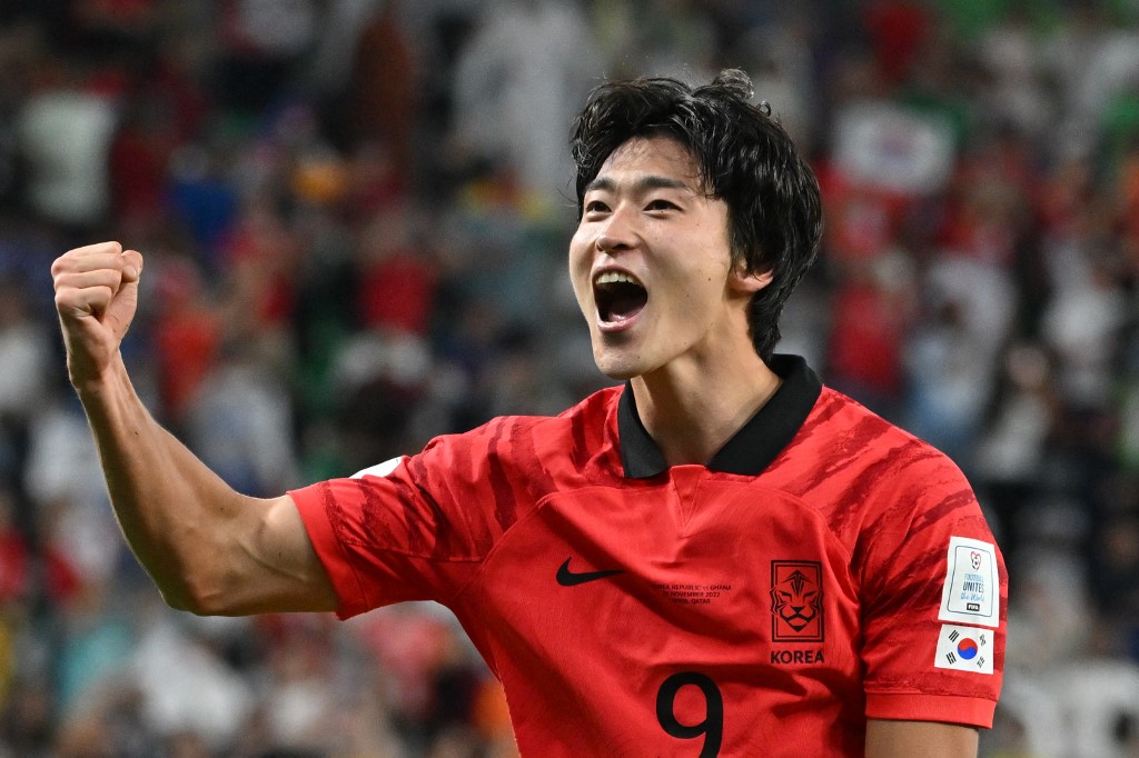 South Korea's forward #09 Cho Gue-sung celebrates scoring his team's first goal during the Qatar 2022 World Cup Group H football match between South Korea and Ghana at the Education City Stadium in Al-Rayyan, west of Doha, on November 28, 2022.