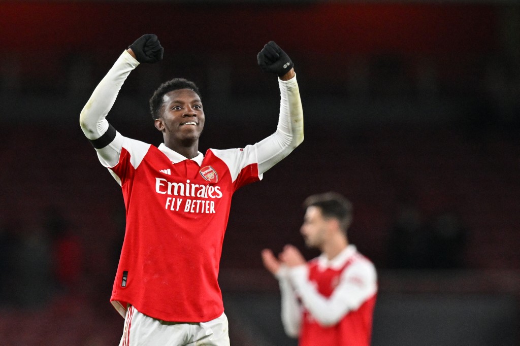 Arsenal's English striker Eddie Nketiah celebrates at the end of the English Premier League football match between Arsenal and West Ham United at the Emirates Stadium in London on December 26, 2022. - Arsenal wins 3 - 1 against West Ham United