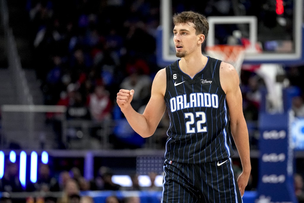 Franz Wagner #22 of the Orlando Magic reacts against the Detroit Pistons during the first quarter at Little Caesars Arena on October 19, 2022 in Detroit, Michigan. 