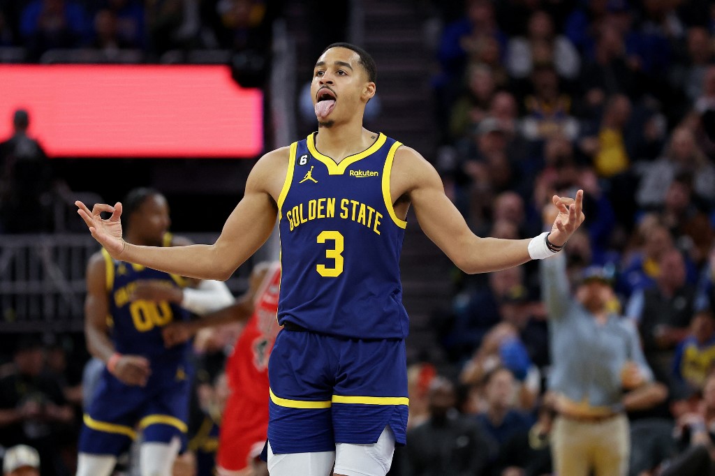 Jordan Poole #3 of the Golden State Warriors reacts after he made a three-point basket against the Chicago Bulls at Chase Center on December 02, 2022 in San Francisco, California. 