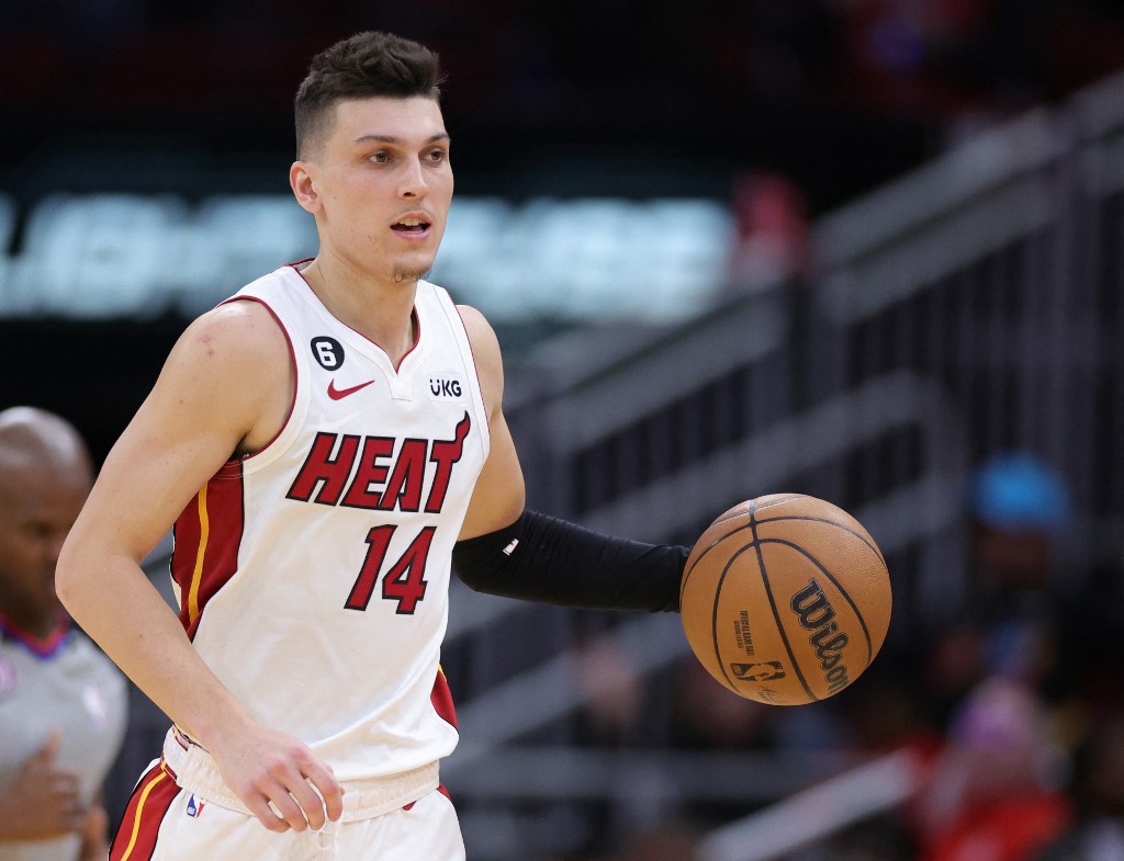  Tyler Herro #14 of the Miami Heat controls the ball during the second half against the Houston Rockets at Toyota Center on December 15, 2022 in Houston, Texas