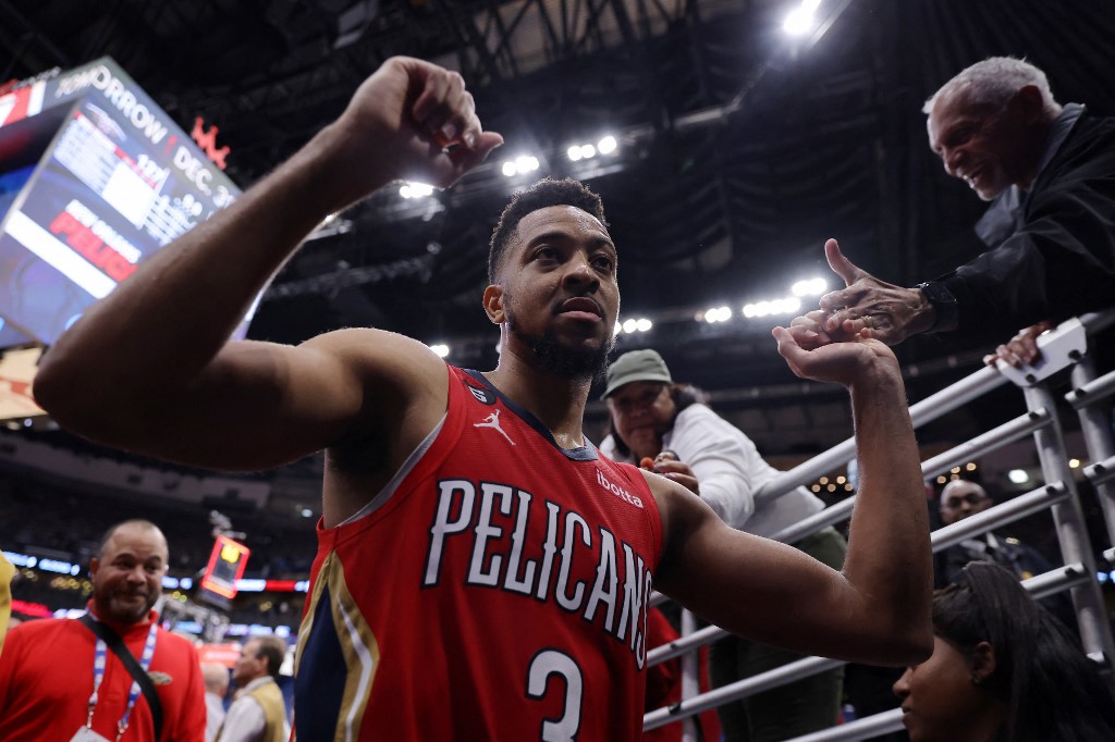 CJ McCollum #3 of the New Orleans Pelicans celebrates after a game against the Philadelphia 76ers at the Smoothie King Center on December 30, 2022 in New Orleans, Louisiana.